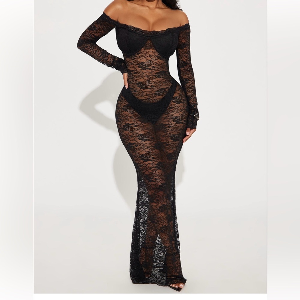 Sheer lace black maxi long sleeve built in bra dress